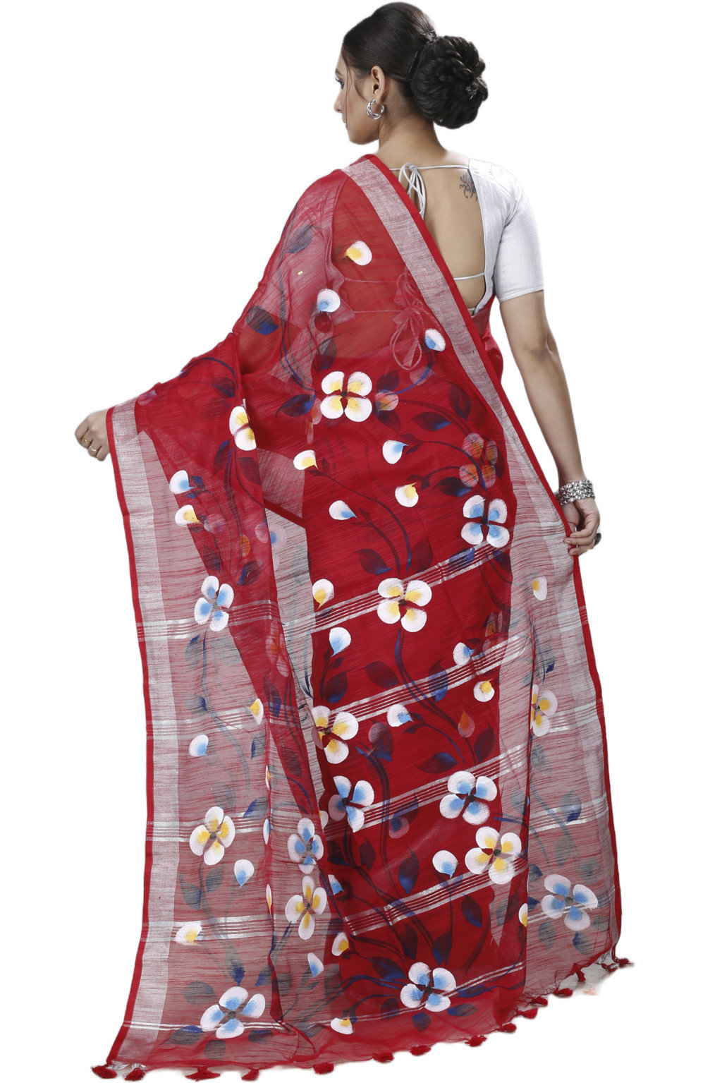 Red Blended Cotton Tonika Hand Painted Saree (1220)